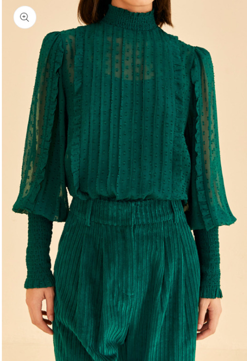 FARM Rio Tops - FARM RIO NWT Ruffled Long Sleeve Swiss Dot Blouse in Emerald // M